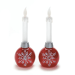 Set your holiday season aglow with this set of festive LED flameless candles. The long, white candlesticks are set in cheery red ornaments, each emblazoned with a glittery white snowflake. Switch them on and have a merry night. 