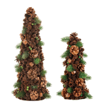 Put a natural twist on your holiday decorating with this pine cone tree decor. Pretty pine cones are stacked in that classic tree shape, interspersed with pine sprigs and festive jingle bells. This is a timeless yet unique addition to your merry decor and is sure to delight you all season long. 