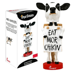 The mascot of Chick-fil-A can now make can now make for some fun and delicious decoration in your home, office, or dining room! This Chick-fil-A Cow Bobble Head features the friendly cow standing on its hind legs and holding a sign that states, "Eat mor chikin." This extra-large bobble head measures over 8-inches tall! 