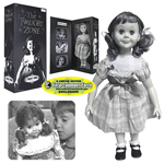 Talky Tina is back again... to stay! This authentically reproduced black-and-white Talky Tina Doll Replica from The Twilight Zone is a lifelike replica that stands 18-inches tall and features rotocast Vinyl head, arms, and legs; soft fabric body and fabric clothing; rooted hair; eyelids that open and close; and a talking mechanism. Don't miss this Talky Tina Doll!