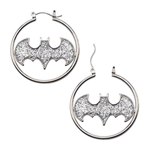 Add some Batman glitz and glitter to your ensemble with these Batman Logo Silver Color Cut Glitter Hoop Earrings! The silver-hued 1 1/2-inch hoop earrings feature the Caped Crusader's logo in the center. 