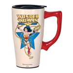 A double walled ceramic mug, it's the Wonder Woman White Travel Mug with Handle! The mug holds up to 14 ounces of liquid. The Wonder Woman White Travel Mug with Handle fits in most vehicle cup holders. 