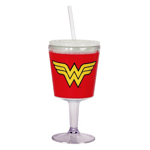 A completely fun and awesome looking acrylic goblet, it's the Wonder Woman Insulated Goblet with Lid! This red, durable goblet featuring the Wonder Woman logo holds up to 12 ounces of liquid and is BPA free. The Wonder Woman Insulated Goblet with Lid measures 7-inches tall and comes with a lid and straw. 