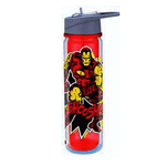 The Invincible Iron Man Marvel 18 oz. Tritan Water Bottle shows Iron Man breaking through a wall with the word "Shoosh!" Tritan water bottle comes with built-in straw and holds up to 18 ounces of liquid. 