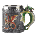 Medieval style mug is richly emblazoned with fearsome dragon motif and fiercely frowning serpent handle. A perfect decorative banquet cup for any Dragon King!