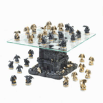 The battle for ultimate rule of the kingdom: cold-blooded dragons versus bloodless dragons! On a glass chess board resting atop a war-ravaged castle strewn with the remains of battles gone, this chess set will inspire fire-breathing contests of wit and strategy. A must-have for collectors and chess wizards.