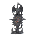 This dramatic mantel clock features a mythical winged dragon guarding the eternal hands of time. Golden roman numerals on the face of the battery-powered clock are the perfect accent to the steel-gray color of the clock and base, and a bright green jewel adorns the chest of the perched dragon.