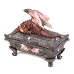 Whatever you choose to keep in this finely detailed treasure box will be safeguarded by a scaly pink dragon in repose, whose vigilant watch never strays from his bejeweled surroundings. Purple faceted jewels and a relief of the dragon himself, with wings spread, highlight the base of the treasure box that rests on curved feet.