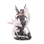 A pearl white dragon with jet-black eyes carries his captivating fairy queen through her darkened kingdom. The figurine features gothic touches, dramatic purple and black wings, and a black dress with jeweled accents and matching jewelry. She presides over the shadowy hours with her faithful steed and stunning beauty.