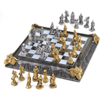 Knights and dragons play on a medievally crafted board that adds mystical appeal to the timeless battle of chess. All 32 finely detailed chessmen fit inside the elaborately carved chessboard case. 