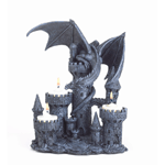 In a scene from countless tales, a medieval castle is besieged by a fierce winged predator. Perched upon the highest tower, he presides over the three flickering candle flames that top the other ramparts.