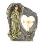 An angel stands guard beside a holy cross, inspiring reflections of heartfelt faith. Stone-look statue beautifies your outdoor space both day and night with a hidden solar light setting the cross gently aglow at evening time.