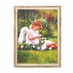 A sweet-faced angel shares secrets with her butterfly companion at the heart of a garden alive with blooms. Like a peek into Heaven, this beautiful scene blesses your home with a feeling of bliss! 