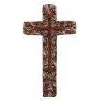 Rough-hewn carvings and an antique finish make this cross a striking pastoral wall ornament. 