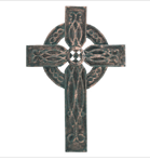 This beautifully carved Celtic cross is rendered in an ornate antique faux-verdigris finish. 