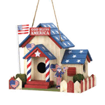 Uncle Sam is ready to welcome some feathered friends to your yard! This darling birdhouse is filled with patriotic charm, featuring an American flag flying high from the flag pole, stars on the roof, and a red and white picket fence. Two entrances and heart-shaped decorations will make your birds feel right at home in the U.S.A!