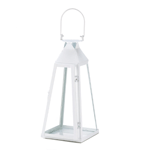 This angled candle lantern has a flair for great style. The white metal frame creates an interesting shape, and the large handle at top makes it easy to hang. Open the hinged door to place a candle of your choice behind the clear glass panels.