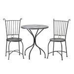 Dine in style with this lovely patio set! Enjoy breakfast lounging in the morning sun or afternoon tea in the garden with this comfortable and attractive black metal trio. The set includes a round lattice-top table and two matching chairs.