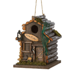 A relaxing fishing cabin is just what the birds in your yard need! Invite them to rest after spending a relaxing day casting their lures. This little log cabin features a faux lantern, mossy accents and even some fishing line decoration.