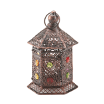 The glow of candlelight will make this pretty little lantern sparkle and shine like a jewel! This iron lanterns panels are adorned with colorful gems and the intricate cutouts will create beautiful ambiance with the help of a single candle.