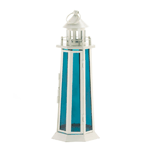 Style ahoy! This nautical candle lantern will wash your living space with a wave of sea blue glow unlike anything youve ever seen. The brilliant ocean blue glass panels stand tall inside the metal lighthouse frame, painted whitecap white, ready for the candle of your choice. 