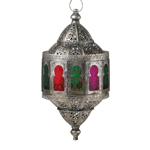 You simply wont find a more stunning candle lantern than this! Gorgeous silver metal is shaped like an exotic treasure, featuring intricate patterns and cut work that lets the light of a candle shine through. The central windows cast a rainbow of hues that will create a fantastic ambiance in any room of your home. 