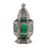 Divine shades of candlelit green will dance around your room from the patterned, pressed-glass panels of this ornate lantern. The elaborate silver metal framework sets the stage for stunning style, with its exotic and ornate cutouts and shapes. Open the hinged door and add the candle of your choice to create a stunning ambiance in your living space. 