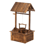 A stunning showcase your favorite summer blooms! This absolutely charming outdoor planter features fir wood construction, a squared wishing well pavilion, and a hanging metal-banded wooden bucket that awaits the plant of your choice. Plant not included.