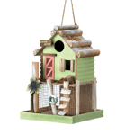 The perfect getaway for when their wings are weary, this charming "love nest" is a fun accent that the birds will adore. The shabby chic exterior is decorated to look like a seaside retreat, complete with palm tree, life preserver, and pier piles. Clean out hole on back.