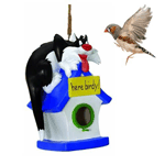 A decorative birdhouse, this Looney Tunes Sylvester the Cat Birdhouse will look great in your backyard! A high quality indoor and outdoor birdhouse, this collectible is made from resin. The Looney Tunes Sylvester the Cat Birdhouse measures 9 1/2-inches tall and features the cat from Looney Tunes sitting atop a birdhouse with a sign that reads, "Here birdy!" 