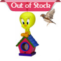 A decorative birdhouse, this Looney Tunes Tweety Bird Birdhouse will look great in your backyard! A high quality indoor and outdoor birdhouse, this collectible is made from resin. The Looney Tunes Tweety Bird Birdhouse measures 10-inches tall and features the cute Looney Tunes character with his hands on his chin, sitting atop the colorful birdhouse. 