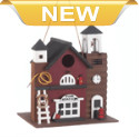 The birds will love making a nest in this charming two-story fire station! The outside is decorated with a hose, ladder, and a hydrant right outside. Clean out hole on back. 