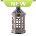 Beautiful gray wood, clear glass and weathered metal combine to create a stunning candle lantern for your living space. The metal top features a hexagon pattern and a hanging loop. Candle Not Included.