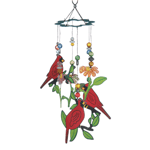 This bright and cheery wind chime looks as good as it sounds. Bright red cardinals are perched on branches as flowers bloom, all dangling among colored gems that sparkle. Together, they make beautiful music from the summers breeze.