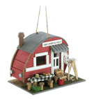 Create a comfy campground for your fly-in guests with this cozy little trailer! Comical birdhouse comes complete with all the accessories of an old-time outdoor paradise. Rope loop at top for hanging.