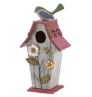 Quaint cottage is abloom with colorful cutouts of lovely garden delights, a jaunty red roof brightened and lacy gingerbread trim. A dream home for any feathered family! Sliding door on back for cleaning purpose.