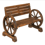 Laze in the shade after a long day; this rustic bench is right at home on patio, porch or lawn. Sturdy love seat has ample seating for two, with quaint wagon wheel armrests at either end. It’s country comfort at its finest!