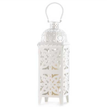 Fire and ice creates a dramatic show as candlelight glimmers through snow-white cutout panels. Delicately designed yet generously sized, this gorgeous lantern is sure to impress!