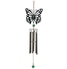 A gently weathered finish gives this windchime the instant appeal of a well-loved favorite, enhancing every detail of the lacy butterfly and slender pipes. Glass accents add just the right hint of shine for a truly lovely look! Chain on top for hanging.