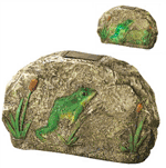 Lifelike garden stone is a gorgeous daytime decoration, but at night, it becomes something truly special! Tiny solar-powered lights bring the frog motif to life with the illusion of leaping motion. Absolutely enchanting! On/off button on the bottom.