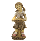 A rosy-cheeked girl and her friendly feathered companion get ready to gather a summer bouquet. Lovingly fashioned to resemble hand carved wood; a special hidden solar light provides a lovely after-dark glow.