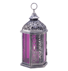 Royal purple shows its romantic side as it banishes the darkness with its gorgeous amethyst glow. Rich stained glass panels are elegantly offset by ornate cutwork and an antique pewter finish.