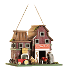 Country living comes to town with this fabulous farm built for a lucky feathered family! Quaint all-wood birdhouse spares no detail in recreating an honest-to-goodness rustic barnyard scene. Loop on top for hanging.