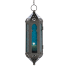 Deepest ocean blue adds exotic enchantment to a captivating dance of color and light! Ornately fashioned in the Moroccan tradition, this hanging lantern fills your surroundings with worldly intrigue.