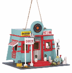 Rock and roll roadhouse brings back the good old times of the fifties! Charming lifelike details including a miniature burger and milkshake make this bird palace a fanciful addition to your garden.