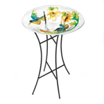 A tempered-glass bowl with brightly colored birds and foliage bring about the scene of a cheery morning in a lush garden. The streamlined metal stand puts a modern twist on the classic birdbath, and the tropical hues will create a happy watering spot for the birds in your neighborhood.