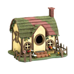 Here’s a delightful cottage home for your fine feathered friends! The Quaint Cottage birdhouse is covered in charming details, including window boxes full of tiny faux flowers, a mossy roof, and creeping ivy crawling under the eaves. The birds in your yard will feel at home in this cozy little house with its chimney painted to look like brick and a tiny little welcome mat resting on the front steps.