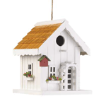 Bright and cheery, just like the song of the lucky bird that gets to call this sweet house home! A perfect complement to your yard, this charming birdhouse features tiny window boxes bursting with tiny faux flowers, a trellis around the front door, and even a tiny little birdhouse of its own on the corner. Hang this from a tree in your yard and watch as new neighbors flock to move in!