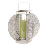 This stunning pillar candle lantern features elaborate carving on either side of the candle holder, and the squared base and handle are the perfect geometric accent for this lantern’s rounded beauty.