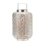 This over-sized silvery metal shines with a mystifying and elaborate cutout pattern in this spectacular candle lantern. With a polished base and top, along with a squared-off handle, this lighting accent is sure to increase the splendor of any room.